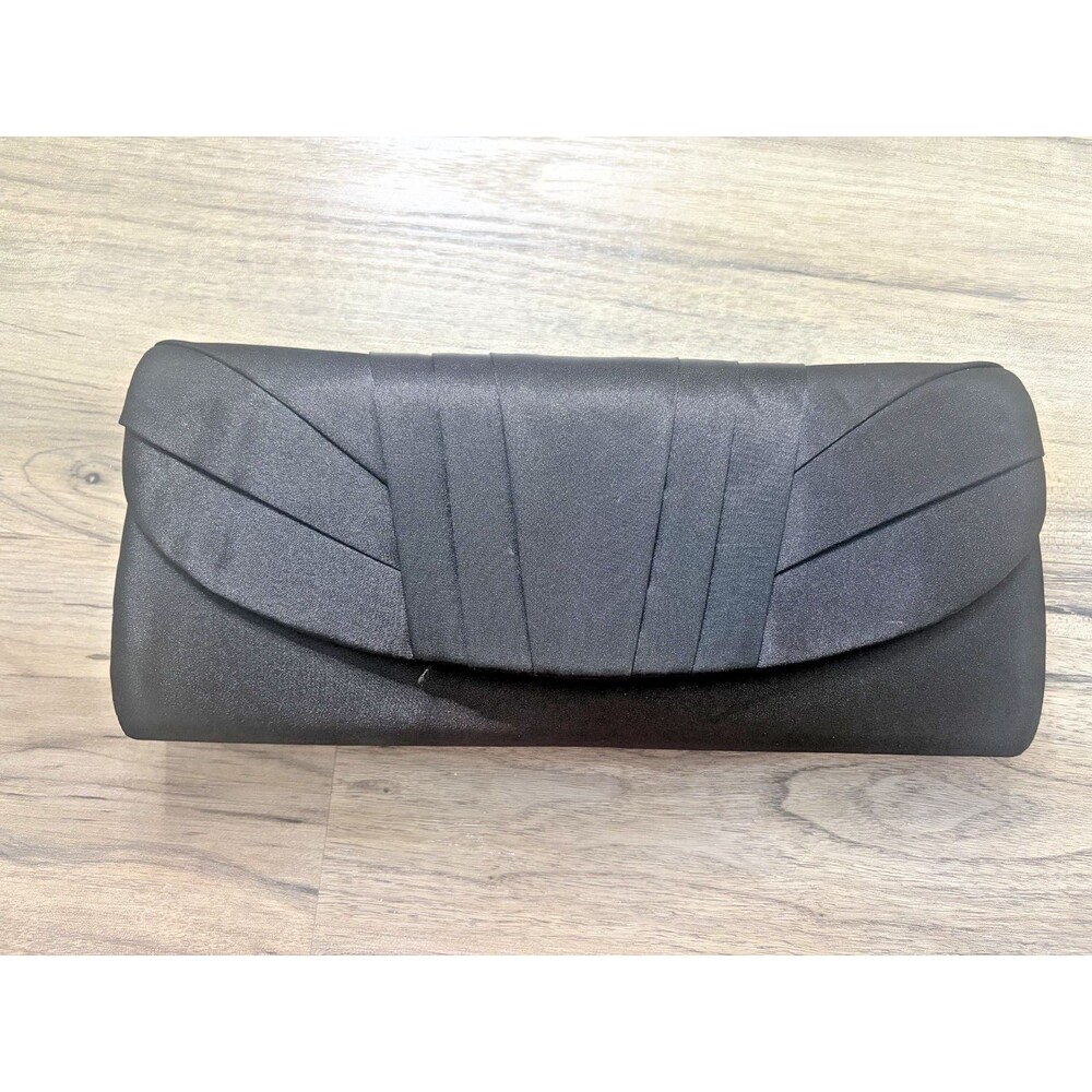 Jessica McClintock Black Classic Solid Satin Pleated Clutch Evening Handbag
